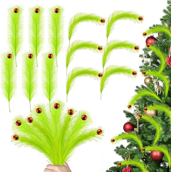 Christmas Decorations Ornaments, 12PCS Lime Green Christmas Tree Picks with Red Ball, Xmas Artificial Green Stems for Home Wreath Craft Decoration Supplies