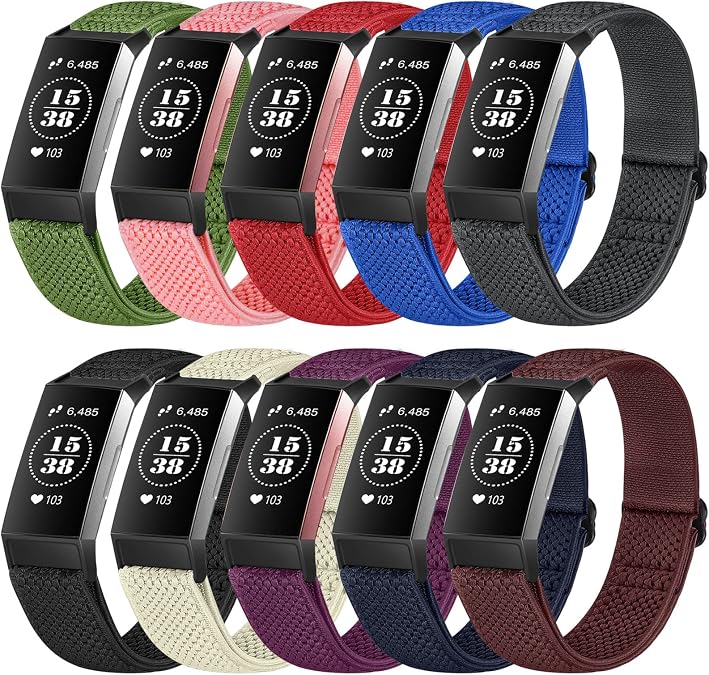10 Pack Elastic Nylon Watch Bands Compatible with Fitbit Charge 4/Charge 4 SE/Charge 3/Charge 3 SE Bands, Adjustable Breathable Stretchy Replacement Wristbands Bracelet for Women Men