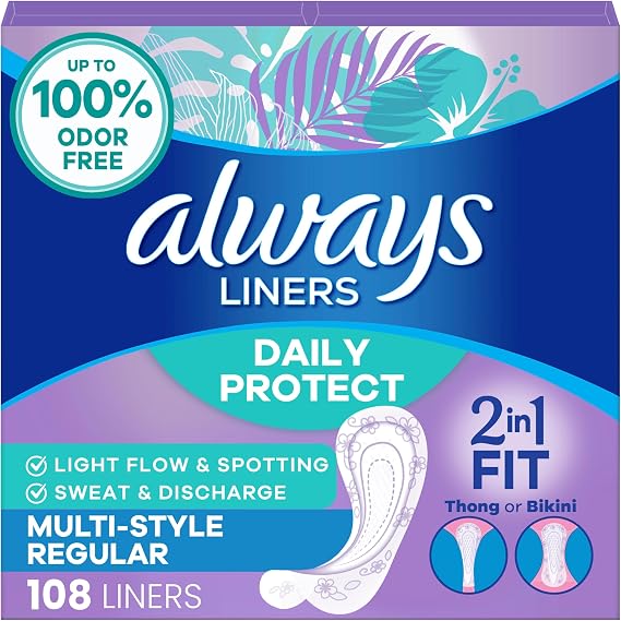 Always Daily Protect Multi-Style Liners, Regular Length, Unscented Panty Liners, Up to 100% Odor Free and Fragrance Free, Cleanguard Quilted Core Absorbs Wetness and Odors, 108 Count