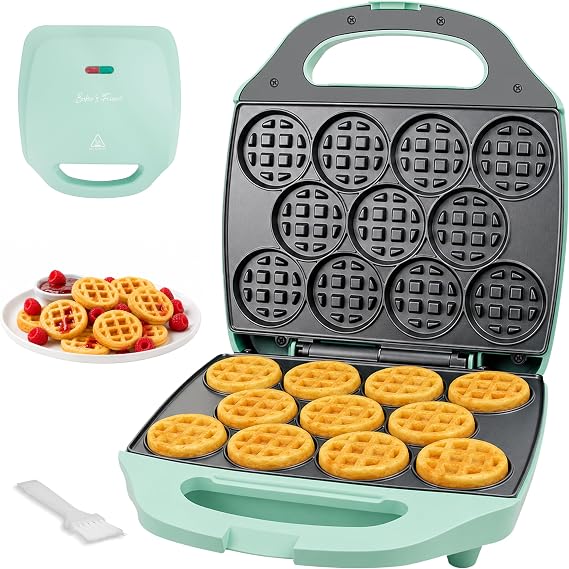 Baker's Friend, Bite-size Mini Waffle Maker for Kids & Adults, Small Waffle Maker Mini Belgian Waffle Machine, 11 X 2.2 Tiny Nonstick Waffles Iron, Recipe Included, Aqua