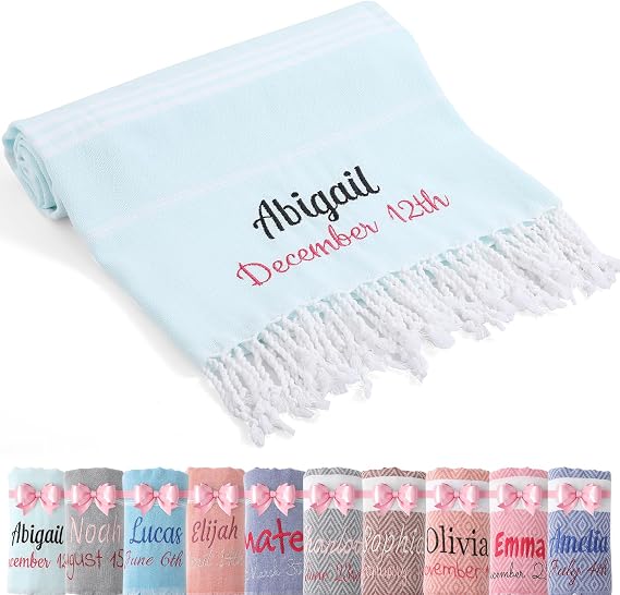 Personalized Turkish Beach Towels Oversized,Custom Cotton Embroidered Beach Towels,Personalized Girls Trip Gifts Favors,Bridesmaid Gifts,Bridal Party Gifts,Beach Bachelorette(LightBlue)