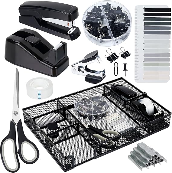 Buqoo Black Office Supplies Set with Stapler Tape Dispenser Desk Organizer