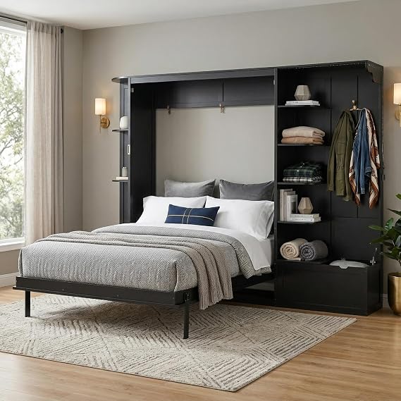 Queen Size Murphy Bed with Side Storage Cabinets, Shelves, Hook and Lights, Solid Wood Cabinet Bed Frame with Hidden Fold-Out Legs, Space-Saving Can be Folded Design (Black-4.16)
