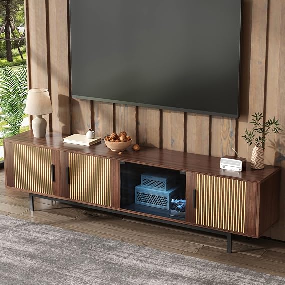 TV Cabinets with Adjustable LED Light, TV Stand Unit with Tempered Glass Door, Lowboard with Carved Texture for Living Room, 200 * 35 * 53 cm, Black and Wood