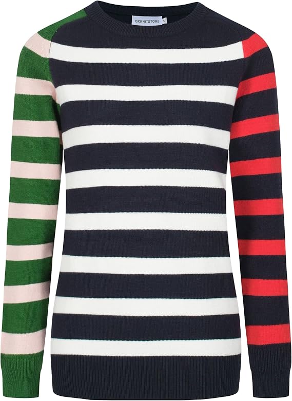 OXKnit Women's Knit Long Sleeve T-Shirts, 1960s Retro Colorblock Stripes Crewneck Casual Knit Tops