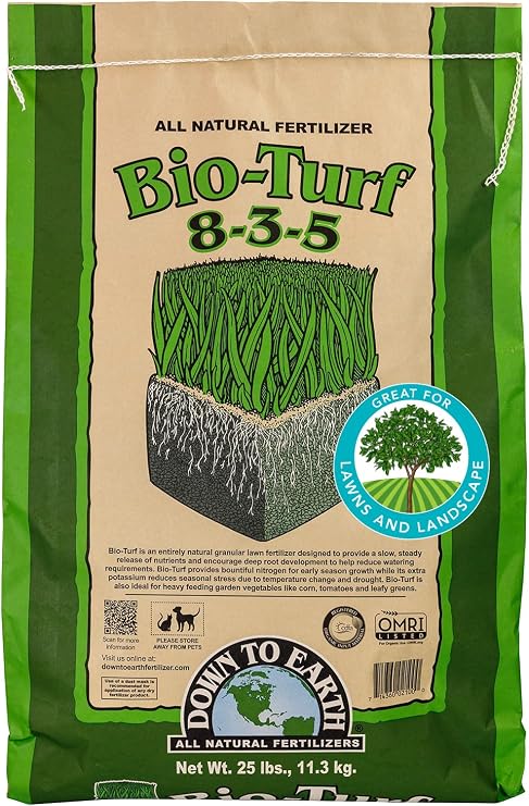 Down To Earth All Natural Fertilizers Organic Bio-Turf - 8-3-5, 25 lb | Granular Lawn Food for Grass, Landscape, Ornamentals, Works with Lawn Spreaders, Trees and Shrubs, High in Nitrogen