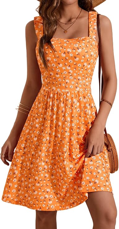 HUHOT Women's Summer Casual Square Neck Dress with Pocket Cute Short Dress | Vacation, Graduation, Floral, High Waist, Square Neck Sleeveless, A-Line, Short Dress with Pocket, Summer Spring,