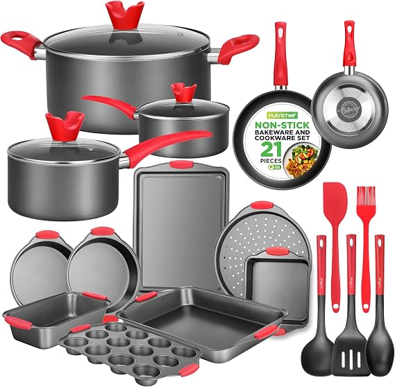 NutriChef Non-Stick Cookware 21-Piece Set, Includes Pots & Pans, Bakeware, Cooking Utensils w/ Silicone Handles - Complete Set for Gas, Electric, Ceramic Cooktops - PTFE/PFOA/PFOS Free, Black