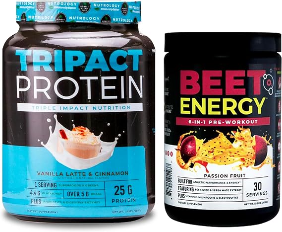 Beet Natural O2, Pre Workout Powder, Passion Fruit Flavor (30 Servings) TRIPACT Protein Powder, 7-in-1 Meal Replacement Shake, Vanilla Latte Cinnamon Flavor (20 Servings)