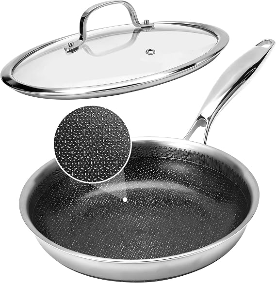 12-Inch Tri-Ply Stainless Steel Hybrid Frying Pan,Ceramic Nonstick Skillet, Induction & Oven Safe,PFAS/PFOA Free Professional Clad Cookware
