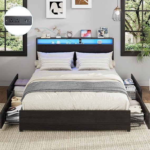 Kiivakii Full Size Bed Frame with Headboard, LED Platform Bed with 4 Storage Drawers, Built in Charging Station, Noise-Free, Metal Support Base, No Box Spring Needed, Black