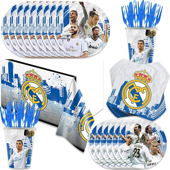 141pcs Real-Madrid Birthday Tableware Decorations Party Plates Cups Soccer Theme Napkins Beach Ball Tablecloth for Soccer Party Decoration (Real)