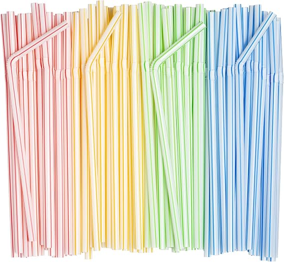 Comfy Package Flexible Disposable Plastic Straws [200 Pack] Assorted Colors | BPA-Free Bendable Plastic, Bright Striped Design, Assorted Colors, Sodas, Juices, Cocktails, Parties