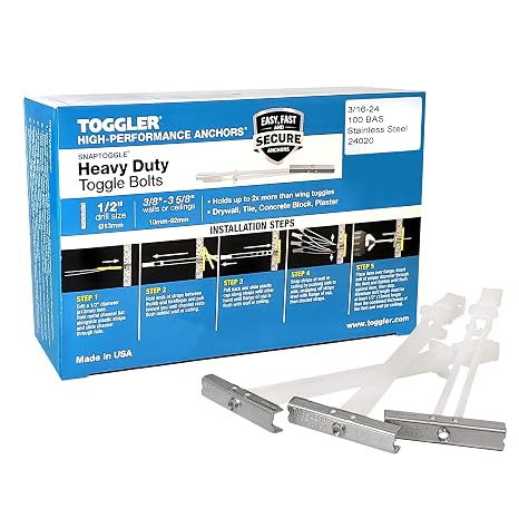 TOGGLER SNAPTOGGLE BAS Toggle Anchor, 304 Stainless Steel Channel, Made in US, 3/8" to 3-5/8" Grip Range, For 3/16"-24 UNC Fastener Size (Pack of 100) | 304 stainless steel toggle anchors for 3/16-24 UNC bolts. Bolts not included