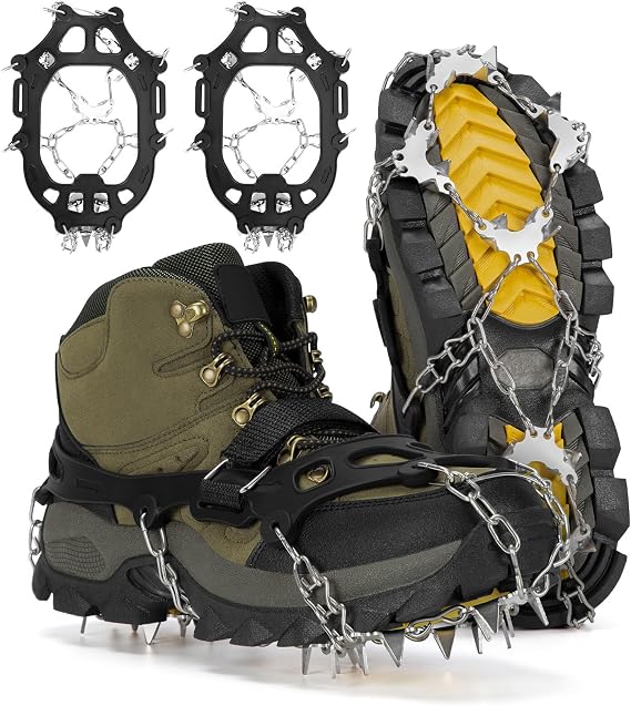 Tomaje 24 Spikes Crampons for Shoes, Anti Slip Ice Cleats for Shoes and Boots, Traction Ice Snow Grip with Stainless Steel Spikes and Silicone Men Women for Hiking, Walking, Climbing, Jogging,Fishing