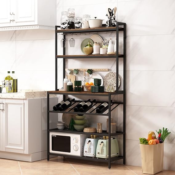 6-Tier Kitchen Bakers Rack Wine Rack Kitchen Storage Shelf Rack, Freestanding Bar Wine Rack Table with Glass &Cup Holders, Microwave Stand with Hutch, Easy Assembly (Rustic Brown Top + Black Tube)