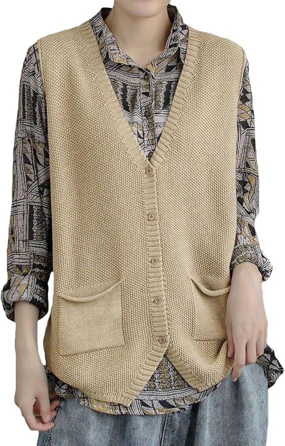 Wowcarbazole Womens V Neck Sweater Vest Sleeveless Button Down Solid Knit Cardigan Vest Casual Knitted Tank Tops with Pockets(Apricot-M)