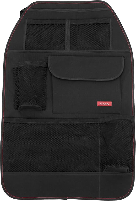 Diono Stow 'n Go Car Back Seat Organizer for Kids, Kick Mat Back Seat Protector, with 7 Storage Pockets, 2 Drinks Holders, Water Resistant, Durable Material, Black , 18x10x9 Inch (Pack of 1)