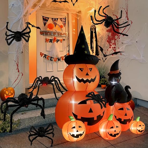 HOPOCO 6 FT Halloween Inflatable Decorations Spooky Ghost Pumpkin and Plush Spiders Set Scary Fake Spider for Indoor Outdoor Halloween Decor for Home Party Yard Haunted House Decorations