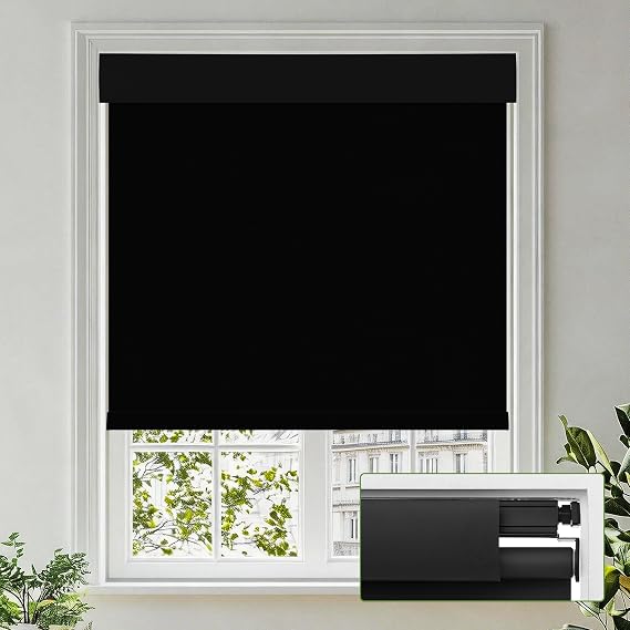 No Drill No Tools Blackout Roller Shades for Windows, Cordless Blinds with Baffles, Custom Roller Blinds for Home Office Door, Pure Black(Dual Tensioners), Custom Size