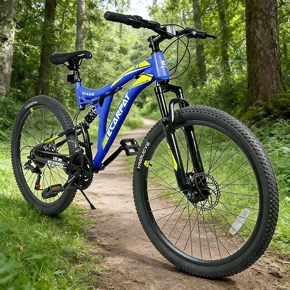26 Inch Blue Mountain Bike, 21-Speed Full Suspension Mountain Bicycle, Steel Frame with Dual Disc Brakes, Adult Bikes for Men & Women, Multiple Colors Available