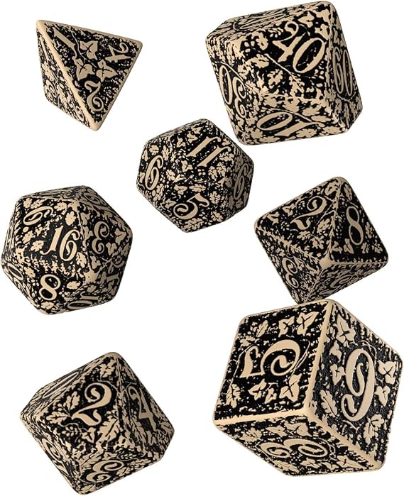 Q WORKSHOP Forest Engraved beige & black RPG ornamented Dice Set 7 polyhedral pieces