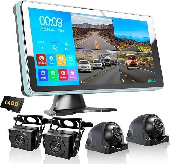 4CH Dash Cam Backup Camera with 10.36" Quad Split Touchscreen for RV | 4 AHD Front Rear Sides View Camera with DVR Recording Avoid Blind suitable For Semi Van Trailer Truck