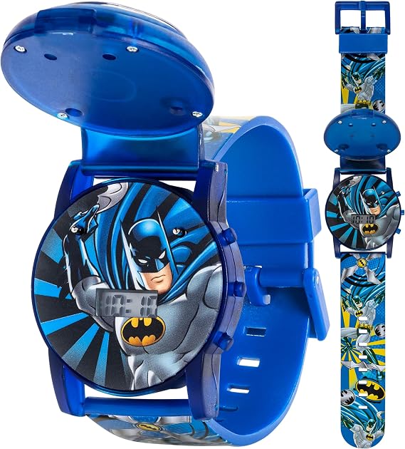 Accutime Batman DC Comics Boys Digital Watch, Flashing LCD Lights, Flip Open, Musical Watch, Blue Plastic Band