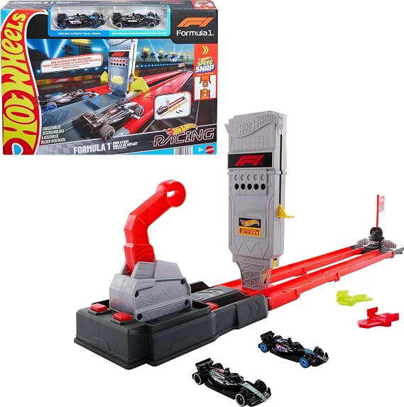 Hot Wheels Racing Formula 1 Grid Start Track Set & 2 Toy Cars | Includes 2 Officially Licensed F1 Die-Cast 1:64 Scale Vehicles & Speed Snap Track, Side-by-Side Racing,
