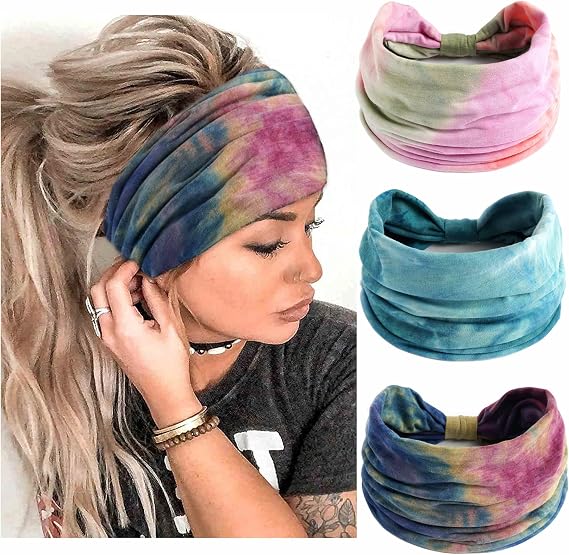 Boho Wide Headbands For Women Fashion Stretch Hair Bands Tie Dye Knoted Head Bands Yoga Running Elastic Headband Stylish Wrap Headbands Hair Accessories Bands for Teen Girls 3 Pack