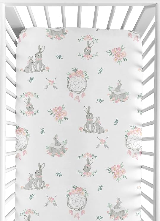 Sweet Jojo Designs Fitted Baby Crib Sheets (Woodland Boho Floral) for Girls, Infant Nursery, Toddler Room - Standard Size (Shabby Chic, Bunny, Dream Catcher, Arrow, Watercolor Rose, Flower, Pink/Grey)
