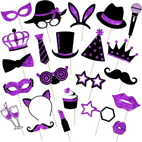 Zonon 24 Pcs Funny Photo Booth Props Set, Black and Purple | Props on Sticks for Wedding, Reunion, Prom, Includes Mustache, Hats, Glasses, Ties, Lips, Crowns, Fun Party Accessories