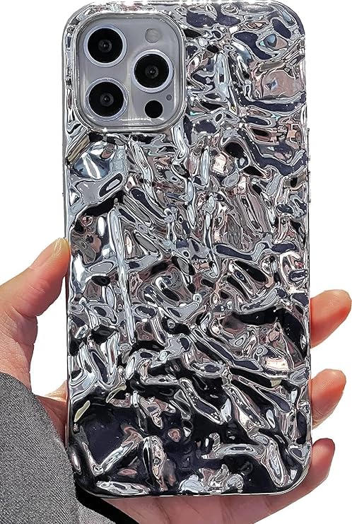 Compatible with iPhone 15 Case, Tin Foil Pleated Luxury Designer Electroplated Silver Chrome Hearts Case for Silicone Slim Fit Soft TPU Case for iPhone 15(Silver)
