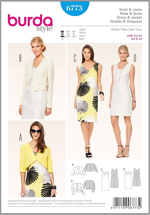 Burda B6773 Pattern of Dress and Jacket, 34-44