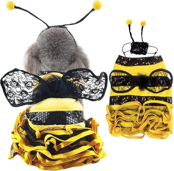 Bee Costume for Dogs - Bumblebee Dress with Cap - Funny Pet Halloween Outfit for Small, Medium & Large Dogs & Cats