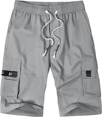 ELETOP Mens Cargo Shorts Elastic Waistband Drawstring Big and Tall Cotton Summer Casual Work Shorts
