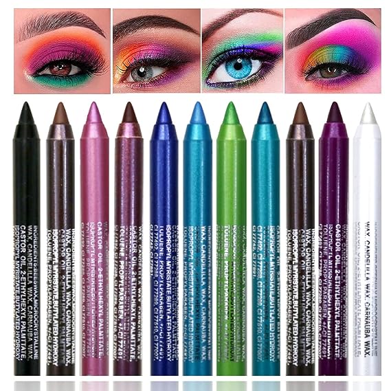 10 Color Eyeliner Pencil Set, Glitter Blue, Pearl Eye & Lip Liner, Waterproof Metallic Finish