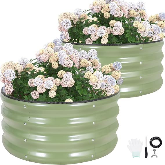 Round Raised Garden Bed,60x60x30cm Planter Box,Green,2Pcs | Steel Planter Boxes Outdoor with Rubber Edge Trim | Metal Raised Beds for Gardening Vegetables Flowers Fruits Herbs