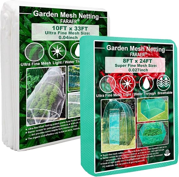 2Pack (Green and White) Garden Barrier Netting, Plant Covers 10x33 Ft Ultra Fine White Mesh with Green 8x24ft Extra Fine Mesh 30% Sun Net Green Sunblock Mesh Shade Protection Netting