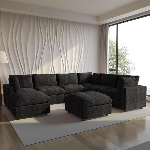 Modular Sectional Sofa with Ottoman,167inch U Shaped Convertible Cloud Couch,8 Seater Convertible V Shaped Living Room Sets,Cover Washable and Replaceable Couches for Living Room,Black