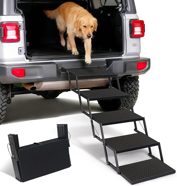 Foldable Dog Steps for Car SUV Truck - 5-Step Wide Stairs, 9.9Lbs