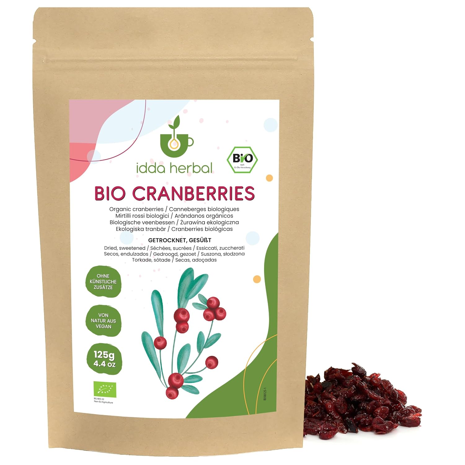 IDDA Herbal Cranberry getrocknet BIO 125g ganze Cranberries getrocknet gesüßt mit Fruchtsaft
