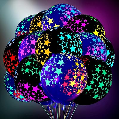 Chivao 50 Pieces Neon Glow Balloons Neon Stars Glow in Blacklight Black Light Fluorescent Mini Stars Party Latex Balloons for Birthday Wedding Arch Party DecorationBlack, Clear