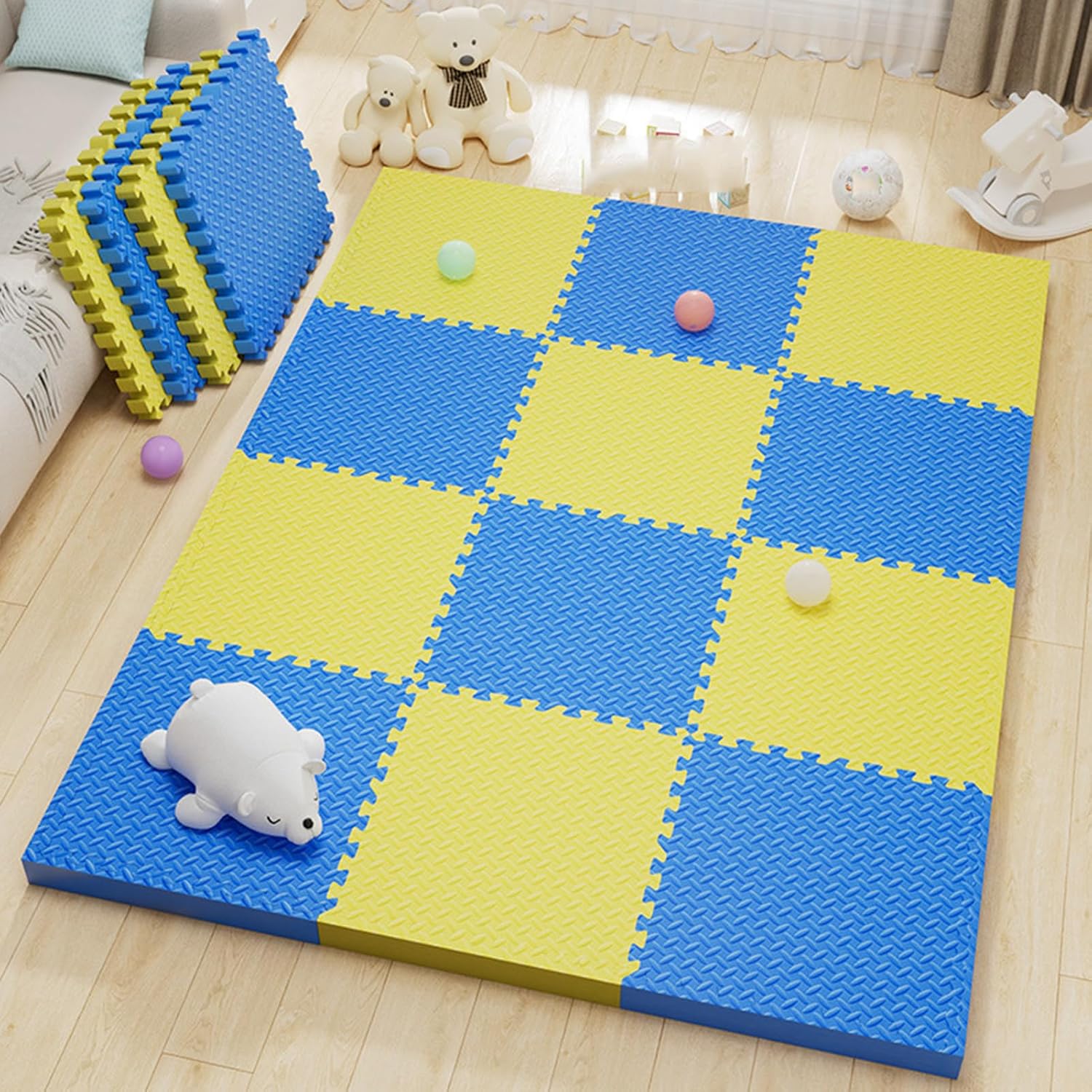 16-Piece Household Puzzle Interlocking Floor Mats, 0.4-Inch Thickness Square Patchwork Floor Mats, Bedroom Carpets Covering The Room Floor MatsSize:12x12inch,Color:BlueYellow