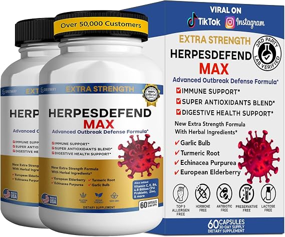 HerpesDefend Max, Extra Strength Advanced Defense Formula, 120 Capsules, with Elderberry, Echinacea, Turmeric, Garlic, Vitamins and Probiotics (2)