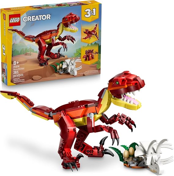 LEGO Creator 3 in 1 Fierce Dinosaur Building Toy for Boys & Girls, Ages 8+ Gift for Birthdays - Kids Build 1 of 3 Prehistoric Animal Figures - 31379