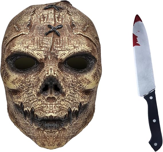 2Pcs Scary Skull Scarecrow Mask, Creepy Burlap Skeleton Full Head Halloween Mask with Knife, Horror Cosplay Party Props