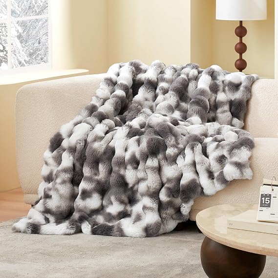 Amelie Home Faux Fur Throw Blanket, Ultra Soft Fuzzy Plush Bubble Blanket for Couch, Bed & Living Room, 60"x80", Tie-dye Grey