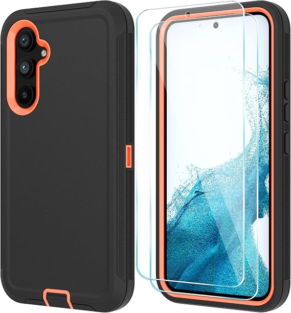 Qinmay Phone Case for Samsung Galaxy A54 5G Case with HD Screen Protector, Heavy Duty Shockproof & Dropproof 3-Layer Cover Phone Case for Galaxy A54 (Black Orange)