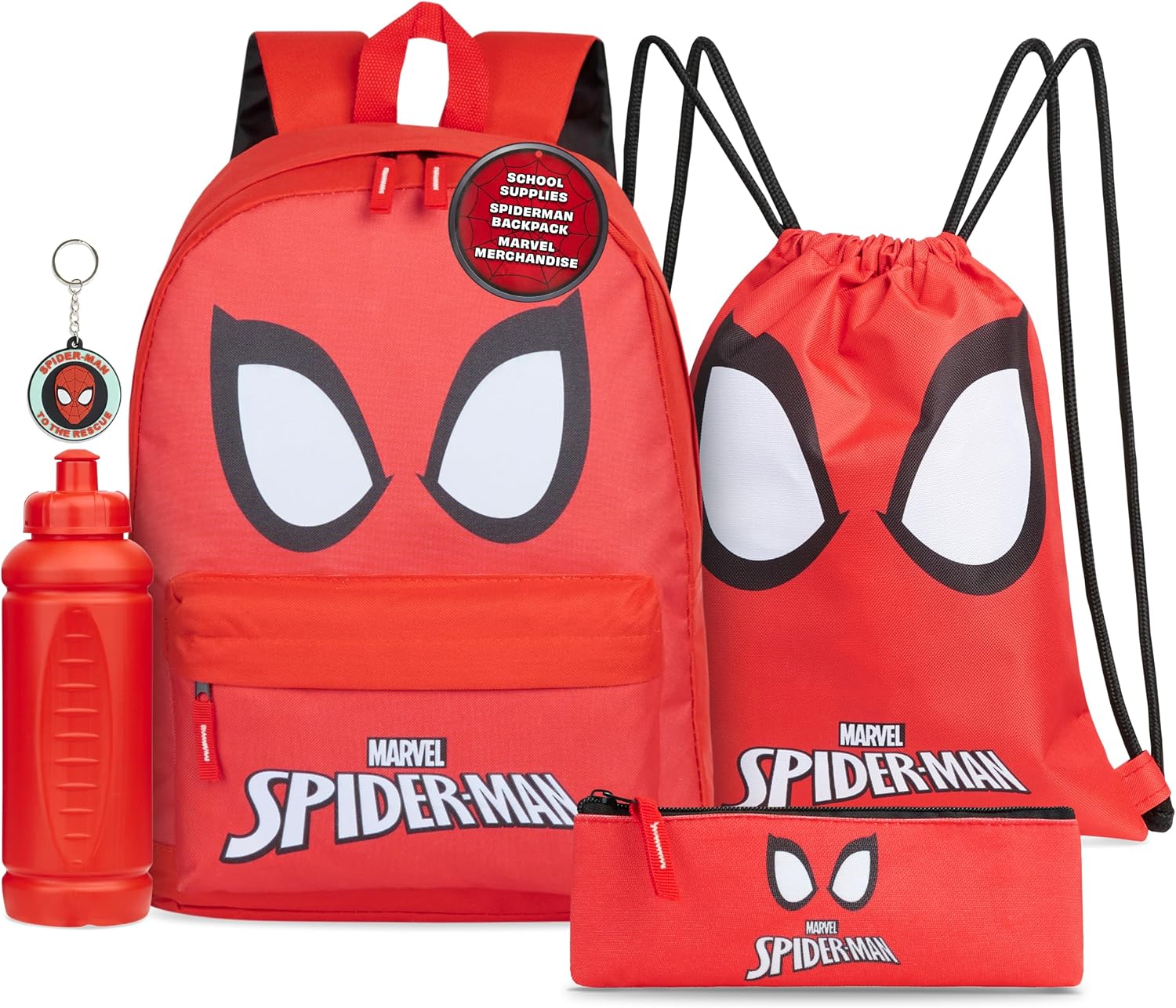 Marvel School Bag Set, 5 Piece Set with Backpack, Drawstring Bag, Pencil Case, Water Bottle &amp; Keyring - Boys Gifts Red Spiderman